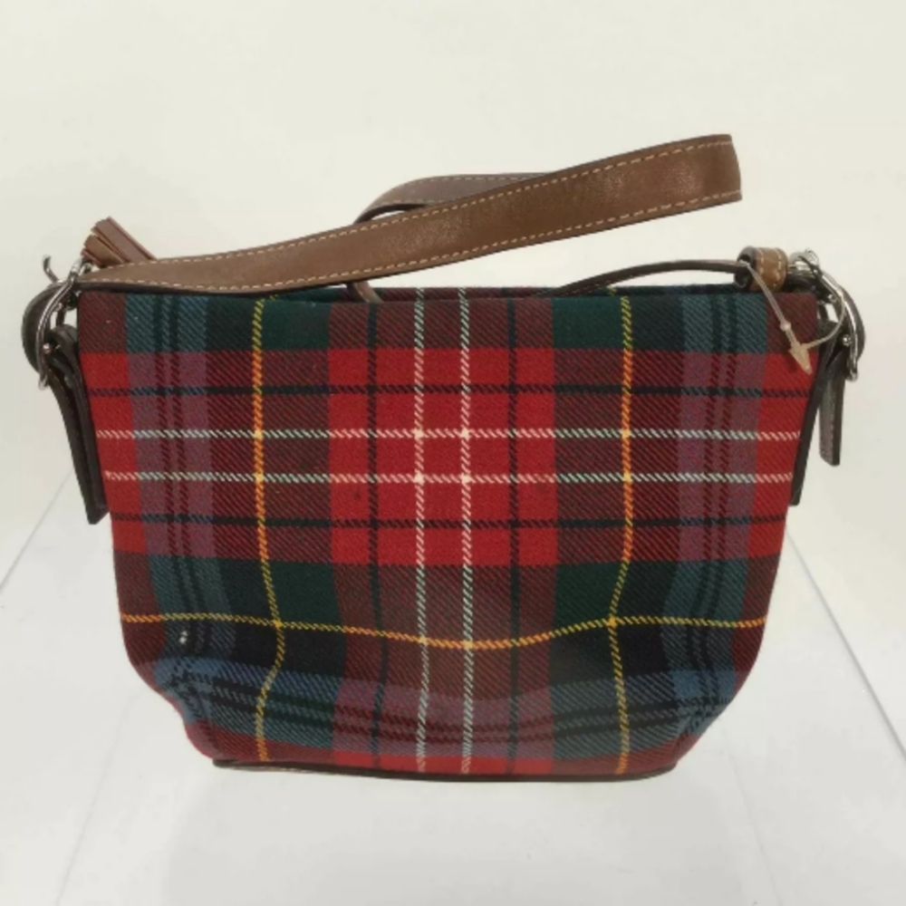 Coach Red Green Wool Christmas Plaid Leather Bag